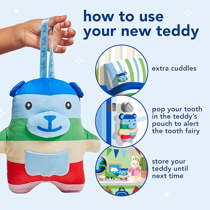 hello Tooth Fairy Kit with Tooth Fairy Door Hanger and Teddy Bear, Includes Full Size Fluoride Kids Strawberry Toothpaste and Kids Toothbrush, for Children Ages 3 and Up