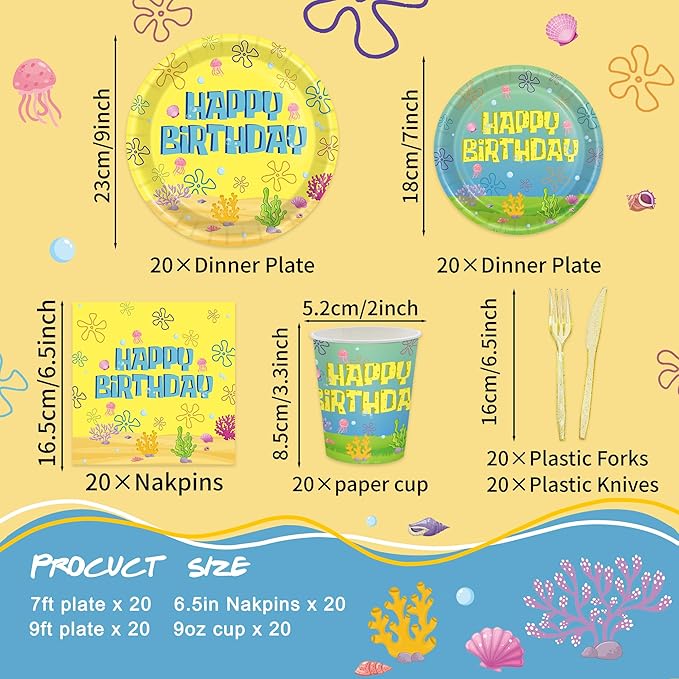 120PCS Yellow Cartoon Party Supplies Ocean Tableware Set for Kids Boys Girls Birthday Party Decorations Yellow Undersea Happy Birthday Themed Napkin Cups Forks Knives for 20 Guests