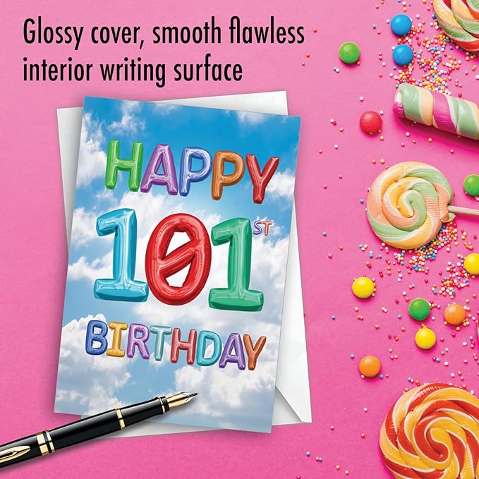 NobleWorks - Milestone Birthday Greeting Card with Envelope (4.63 x 6.75 Inch) - Inflated Messages-101 (Not Actual Balloons) C2769MBG