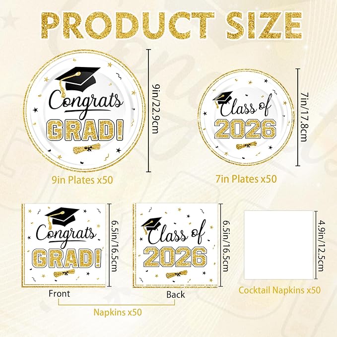 2026 Graduation Party Decorations Set - 200Pcs White Gold Class of 2026 Graduation Plates and Napkins Disposable Tableware for College High School Congrats Graduation Party Supplies, Serves 50