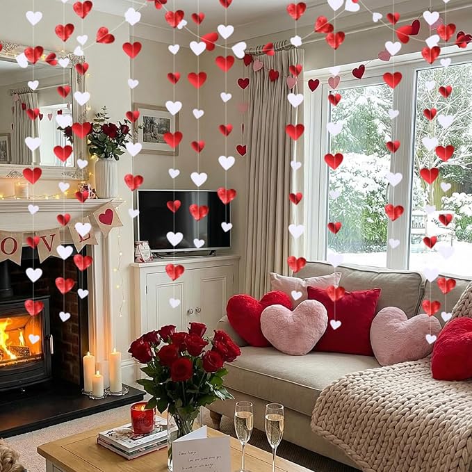 10 Pack 130ft Burgundy-red White Heart Party Garland Asymmetrical Love Hanging Banners for Birthday Wedding Decorations Mothers Day Bachelorette Bridal Shower Engagement