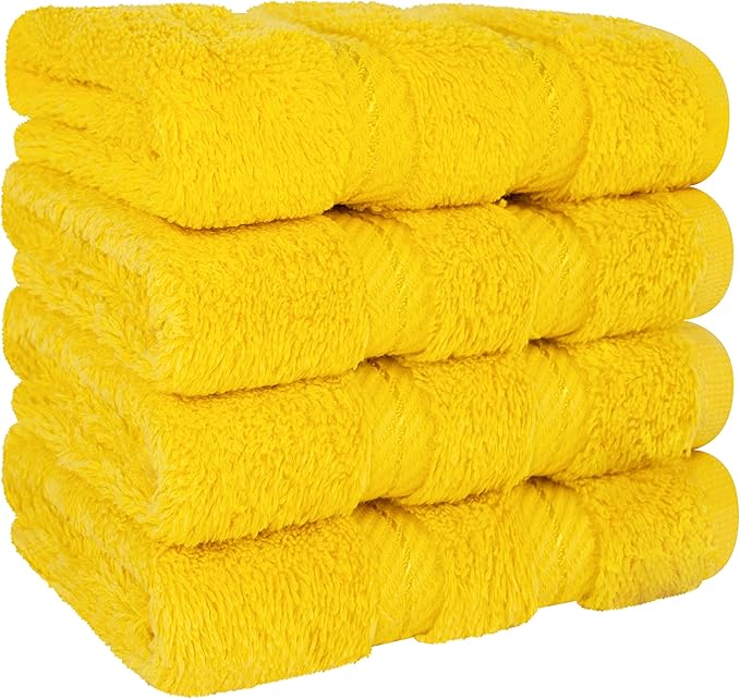 American Soft Linen Luxury Washcloths for Bathroom, 600 GSM 100% Cotton 4 Piece Turkish Wash Cloth Set, 13x13 in Soft Rags for Body and Face, Yellow Washcloths
