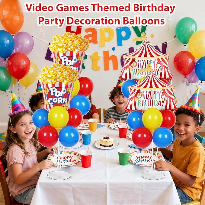 4 Sets Carnival Circus Party Balloons Stand Kit with Circus Tent Popcorn Foil Balloons Plim Theme Party Ball Balloon Centerpiece for Tables for Carnival Themed Birthday Baby Shower Decoration