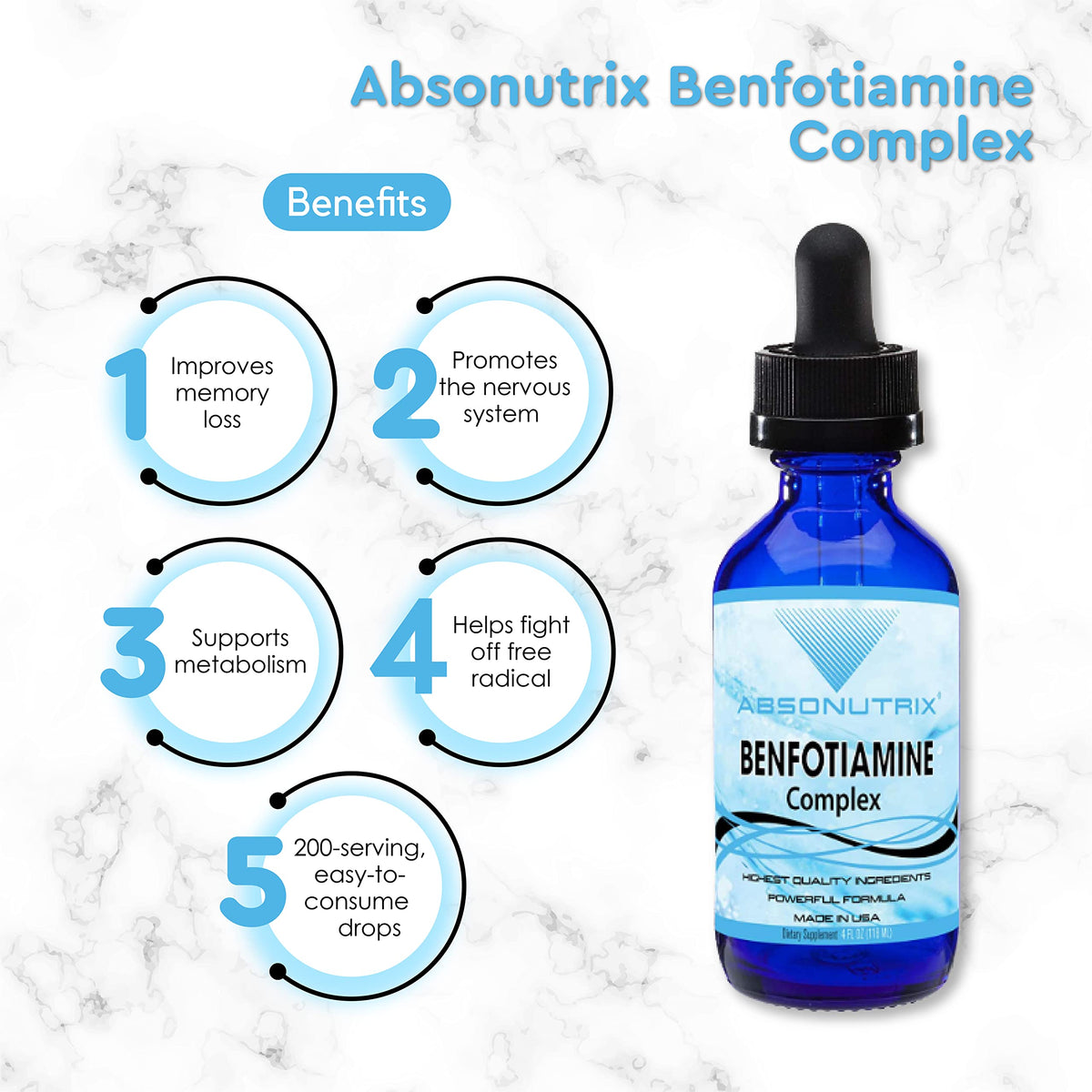 Absonutrix Benfotiamine Complex 300 mg, 4 Fl Oz Bottle, 200 Servings, High Bioavailability, Potent Ingredients, Quick Absorption, Cruelty-Free, Non-GMO, Third-Party Tested, GMP-Certified, Made in USA