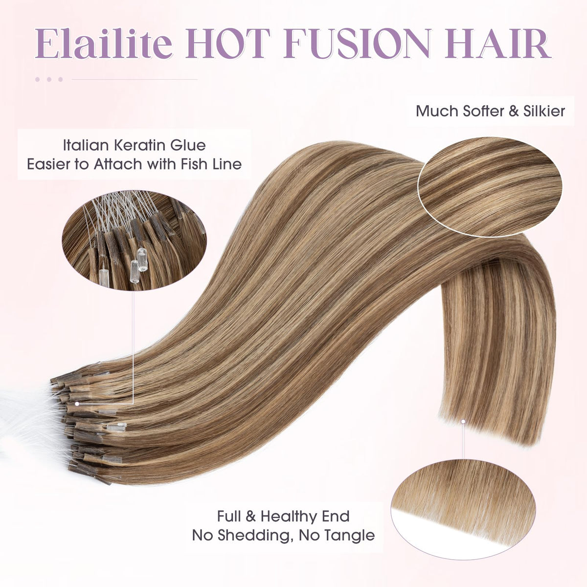 Elailite K Tip Hair Extensions Human Hair Real Remy Hair Medium Brown & Dark Blonde 14 Inch U Tip Ktip Utip Keratin Bond Hot Fusion Pre Bonded Hair Extensions for Women 50G 50Strands