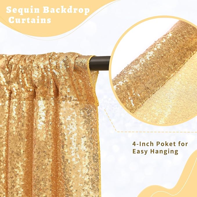 B-COOL Sequin Backdrop Curtains 2 Packs 5ftx8ft Gold Sparkle Backdrop Fabric Glitter Photography Drapes for Party Wedding Birthday Decoration