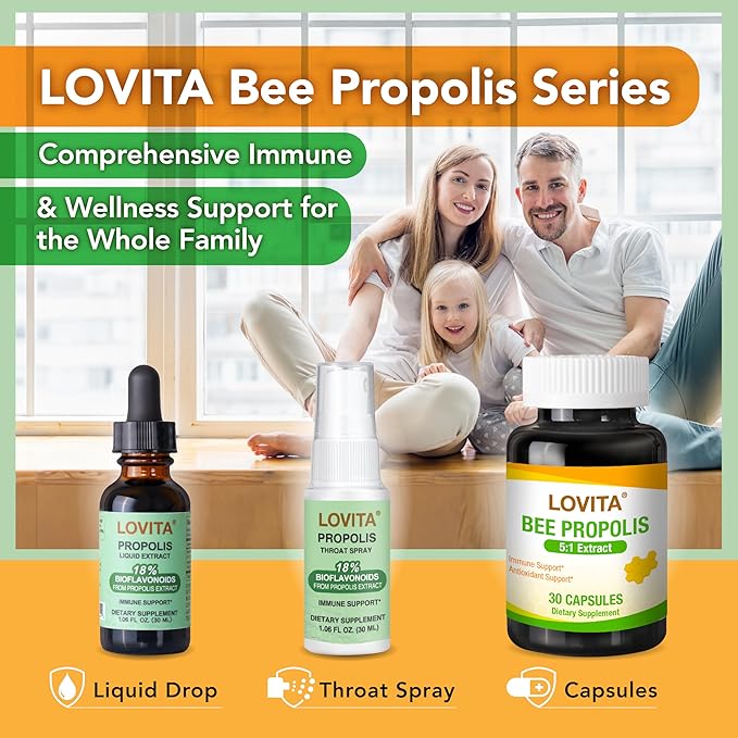 Lovita Bee Propolis Throat Spray, 18% Bioflavonoids, Alcohol-Free, Immune Support, Throat Soothing, Antioxidant, Gentle Taste, 1 Fl Oz (Pack of 1)