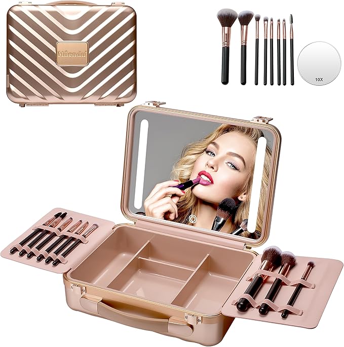 Mocado Travel Makeup Case with Lighted Mirror, Makeup Box with 8 Makeup Brushes and 10x Magnifying Mirror, Adjustable Brightness Makeup Train Case with Makeup Brushes Divider(Rose Gold)