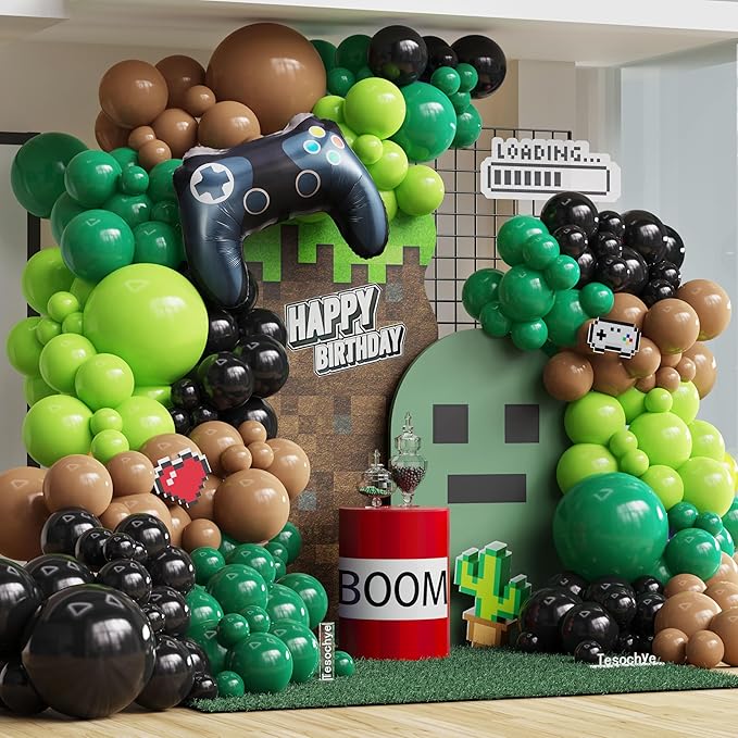 Video Game Theme Birthday Party Decorations,Green and Brown Balloon Garland Arch Kit,Green and Black Balloons with Game Controller Foil Balloon for Pixel Game Party Birthday Baby Shower Backdrop