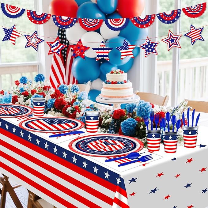 170 Pcs Patriotic American Flag Plates Napkins Cups Tablecloth Banner Red White Blue 4th of July Party Supplies for Flag Day, Veterans Decorations Serve 24