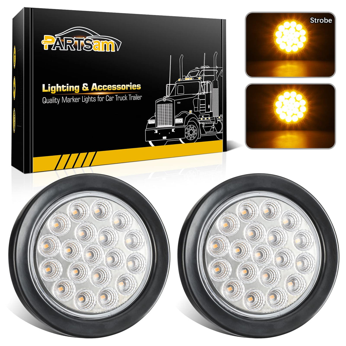 Partsam 2x 4 Inch Round Amber Strobe Lights 19 Diodes LED w/Rubber Grommet 3-Prong Wire Pigtails Amber 4 Inch Round Led Trailer