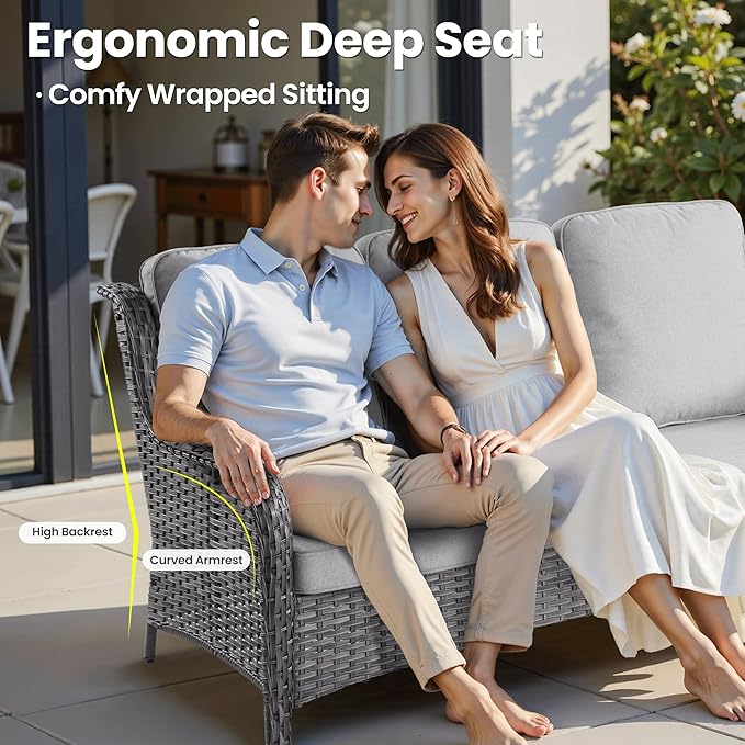 ovios 5 Pieces Patio Furniture Set with 30" Fire Pit Table, Outdoor Wicker Sofa with Loveseat, Comfy Cushions, High Back Couch Conversation Set, Grey Rattan, Grey