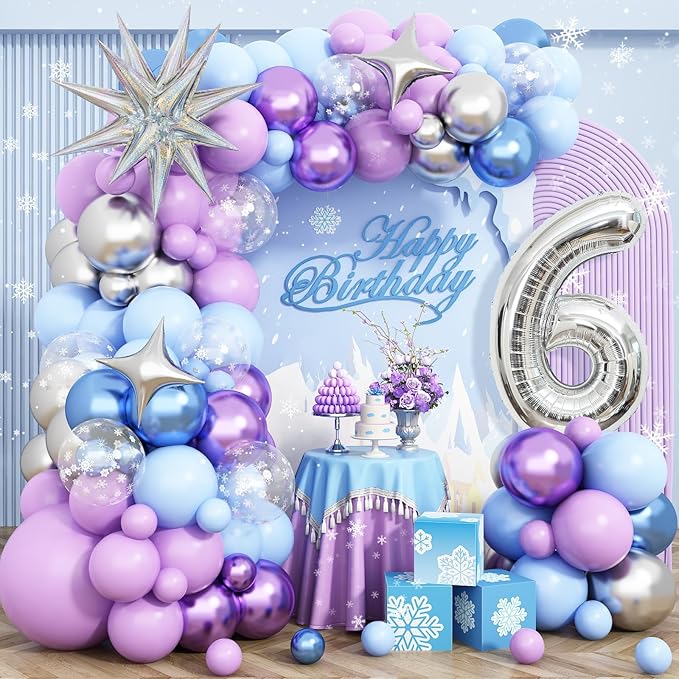 Snow 6th Birthday Decorations Girl, Snowflake Balloon Garland Arch Kit, Laser Explosion Star Balloons, Silver Number 6 Balloon Tower for Baby Shower Girls 6th Snow Theme Party Supplies