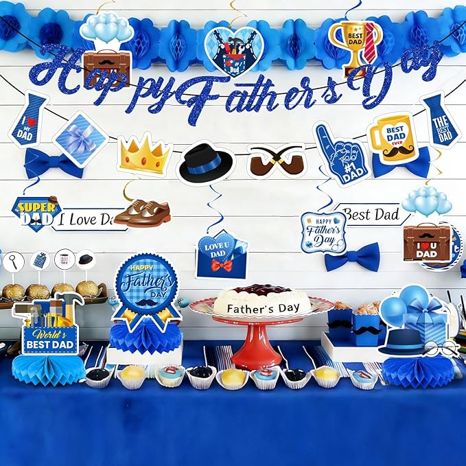 Fathers Day Decorations Set - 22 PCS Happy Father's Day Banner, Hanging Swirls & Table Centerpieces - Perfect for Fathers Day Party, Birthday and Family Gatherings