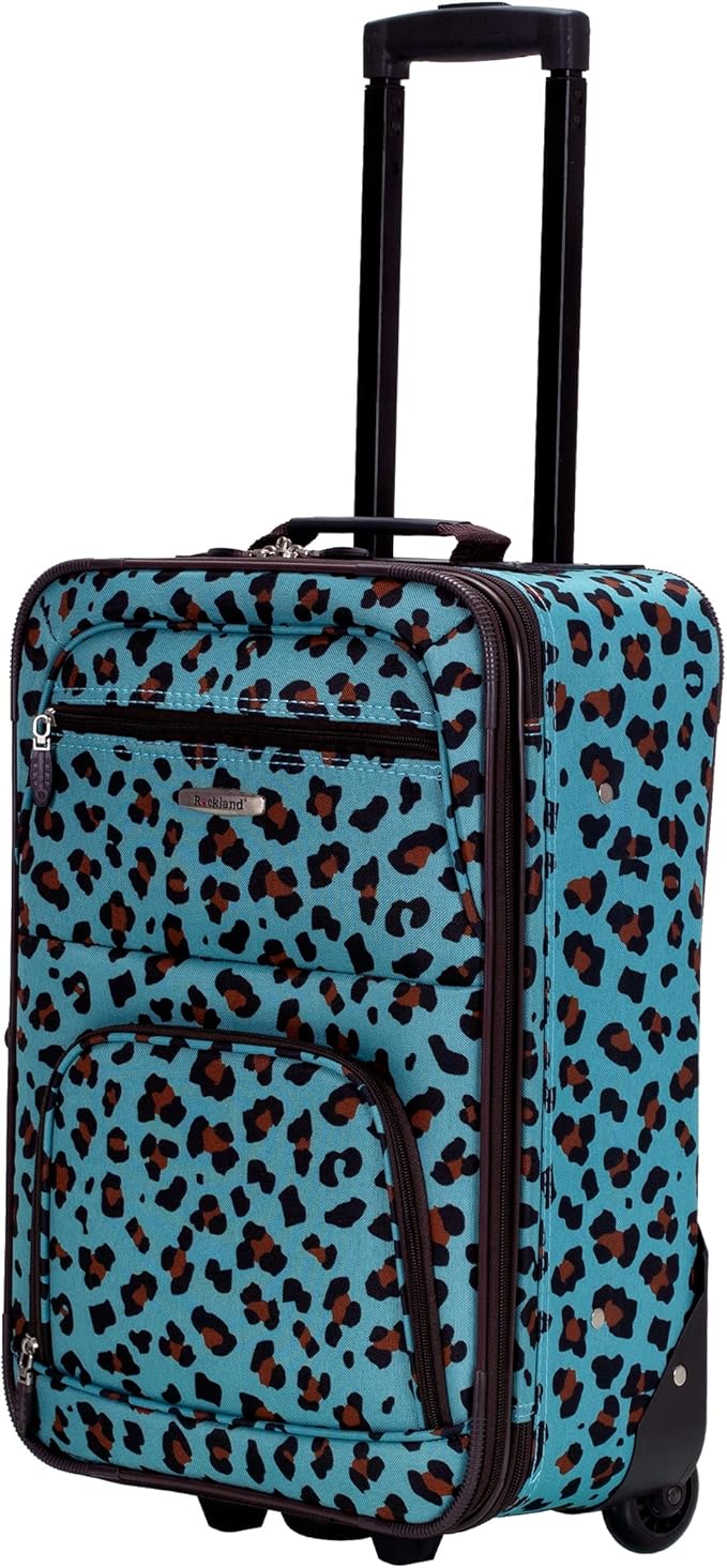 Rockland Fashion Softside 4 Piece Luggage Set, Expandable, (14" Tote/19"/24"/28"), Blue Leopard
