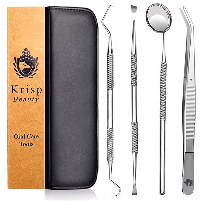 Professional Dental Tools - Dental Pick, Dental Scaler for Tartar Plaque Remover Tooth Cleaner Teeth Scraper Dentist Hygienist Kit Sickle Scaler Teeth Cleaning Set Stainless Steel 4 Pc By Krisp Beauty