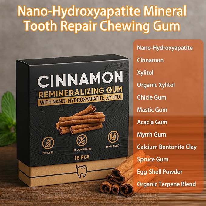 Cinnamon Remineralizing Gum with Nano Hydroxyapatite, Sugar-Free Xylitol and Tree Sap Blend for Daily Oral Freshness, Chewing Gum for Advanced Enamel Protection, No Gluten (2)