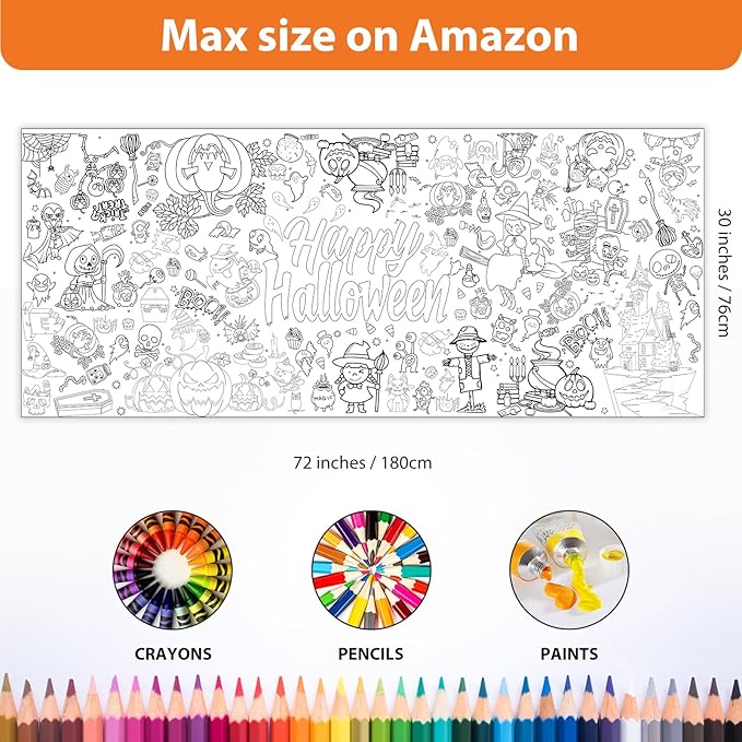 Tbsone Halloween Coloring Tablecloth Poster for Kids – 72 * 30 Inch Giant Coloring Table Cloth for Halloween Crafts Activities, Fun DIY Art Supplies for Parties & Family School Games