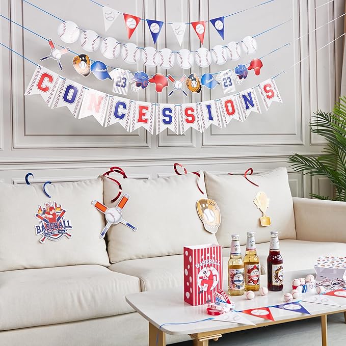 Pre-Strung Baseball Party Decorations with Concessions Banner, Sports Themed Birthday Supplies, Triangle Bunting Pennant Flag