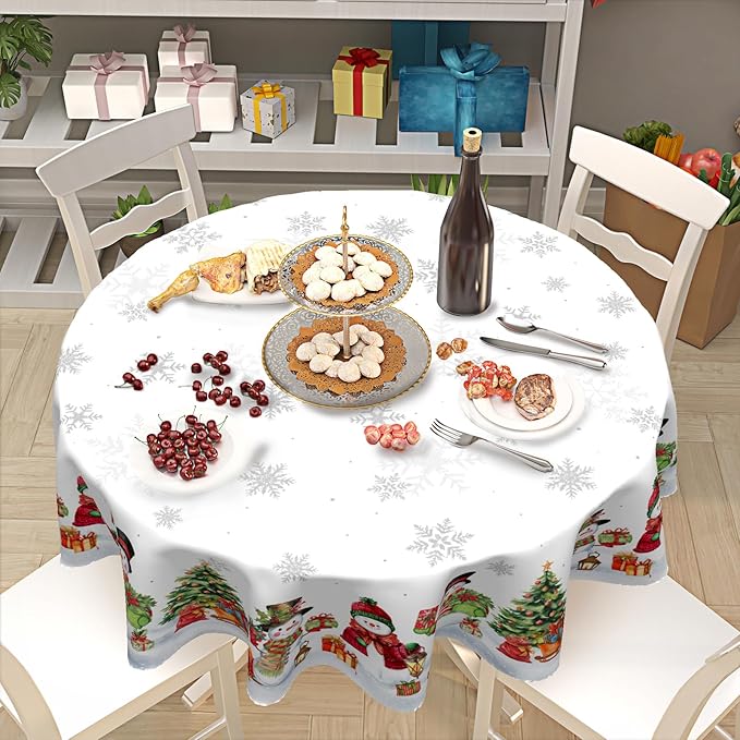 Christmas Snowflake Round Tablecloth White Tablecloth 70 Inch Xmas Snowman Pattern Circle Table Cloth Winter Holiday Table Cover Indoor Decor for Home Kitchen Dinning Party