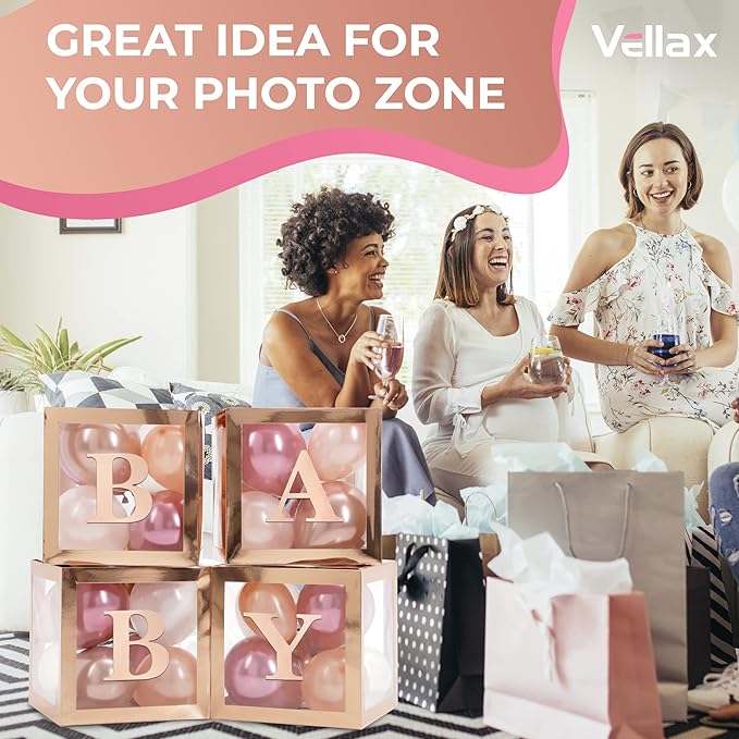 Baby Shower Decorations – Rose Gold Baby Shower Boxes with Letters, Baby Blocks with Rose Gold, Pink, and White Balloons – 44-Piece Party Set for Boys and Girls by Vellax®