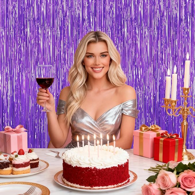 2Pack Purple Backdrop Metallic Tinsel Streamers Foil Fringe Backdrop Halloween Party Decorations Curtain Photo Booth Props Wedding Birthday Graduation Bachelorette Xmas New Year Party Decors