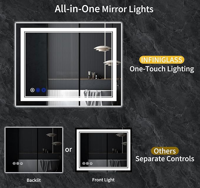 48"x32" LED Bathroom Mirror with Anti-Fog, Stepless Dimmable Lights, 3 Color Modes, Shatter-Proof Tempered Glass, Memory Function & Waterproof Design