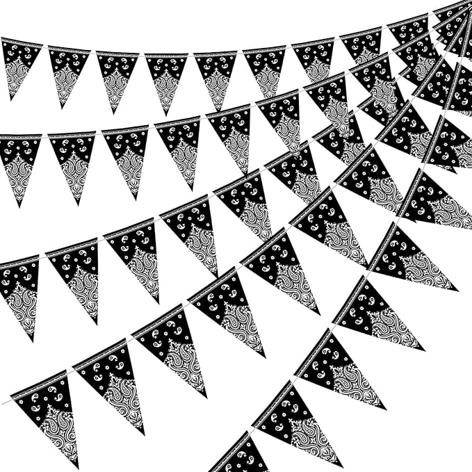 Boao 5 Pack Western Cowboy Party Decorations Bandana Pennant Banner Wild West Decor Western Cowboy Themed Yee Haw Country Party Decoration Supplies 9.8 x 5 ft(Black Paisley)