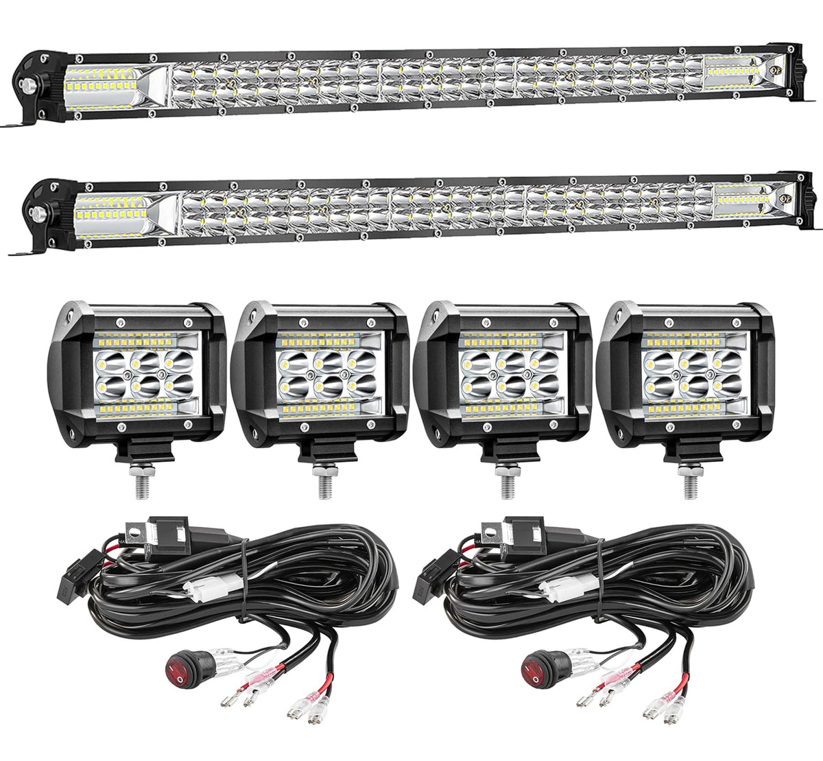 SAN YOUNG 30 Inch LED Light Bar Kits, (2) 30 In Slim LED Light Bars, (4) 4 Inch LED Pods, (2) 3 Meters Wiring Harness, 12V 24V T