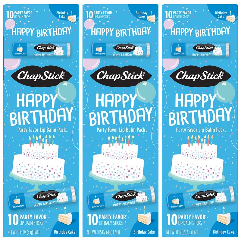 ChapStick Party Favors, Happy Birthday Cake Lip Balm Packs (30 Sticks) – Sweet, Creamy Vanilla Flavor, Fun Gifts for Teens & Adults, 0.15 Oz Ea