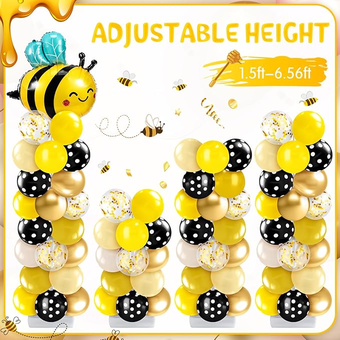 Kasyat 2 Sets Bee Theme Party Balloon Column Stand Kit with Bee Daisy Foil and 100 Latex Balloons, Adjustable Honeybee Balloon Stand Kit for Baby Shower Birthday Party Supplies