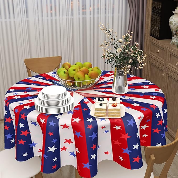 4th of July Tablecloth 70 Inch Round Memorial Day Patriotic Tablecloth Washable Polyester Fabric American Flag Table Cloth Independence Day Table Cover For Dining Room Picnic Kitchen Outdoor Decor