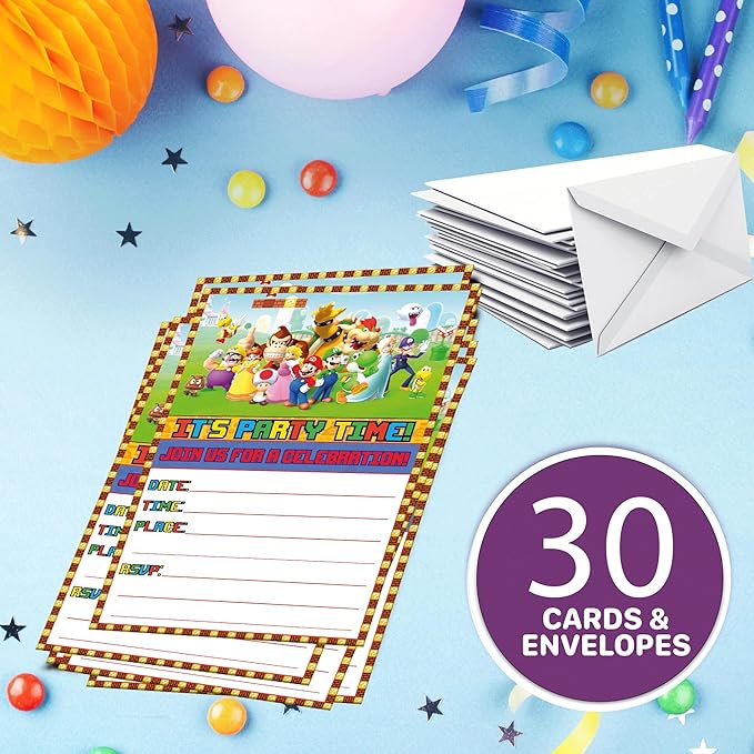 Set of 30 Classic Video Game Themed Happy Birthday Invitation Cards & Envelopes - Lightweight (230g), Postcard Style Invites for the Perfect Party Pack
