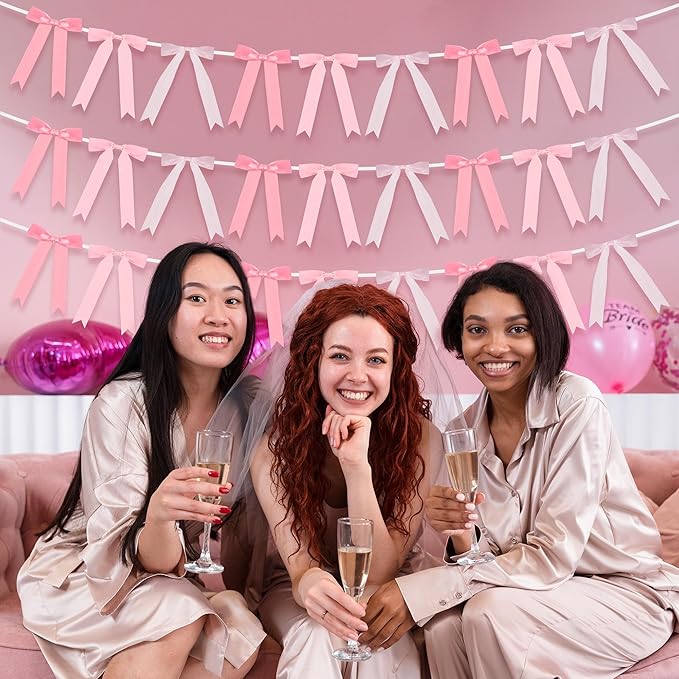 Haooryx Pre-Strung Pink Bow Garland Banner - 3pcs Coquette Bow Pink Ribbon Hanging Banner Garland for Girls Birthday Bridal Shower Wedding Bachelorette Party Decoration Home Wall Photo Props Supply