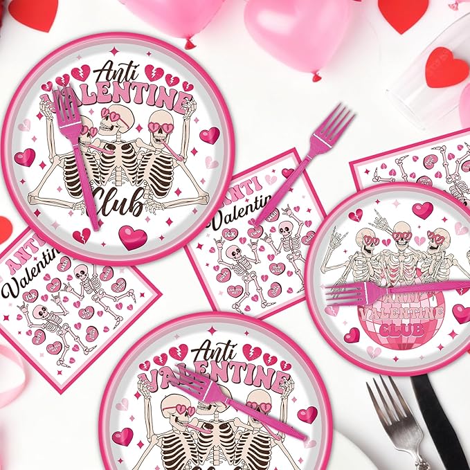Rakuto Valentines Day Plates and Napkins Party Decorations, 96PCS Anti Valentine's Day Paper Plates and Napkins Decor, Galentines Anti Valentine Club Themed Forks Decoration for Home Wedding