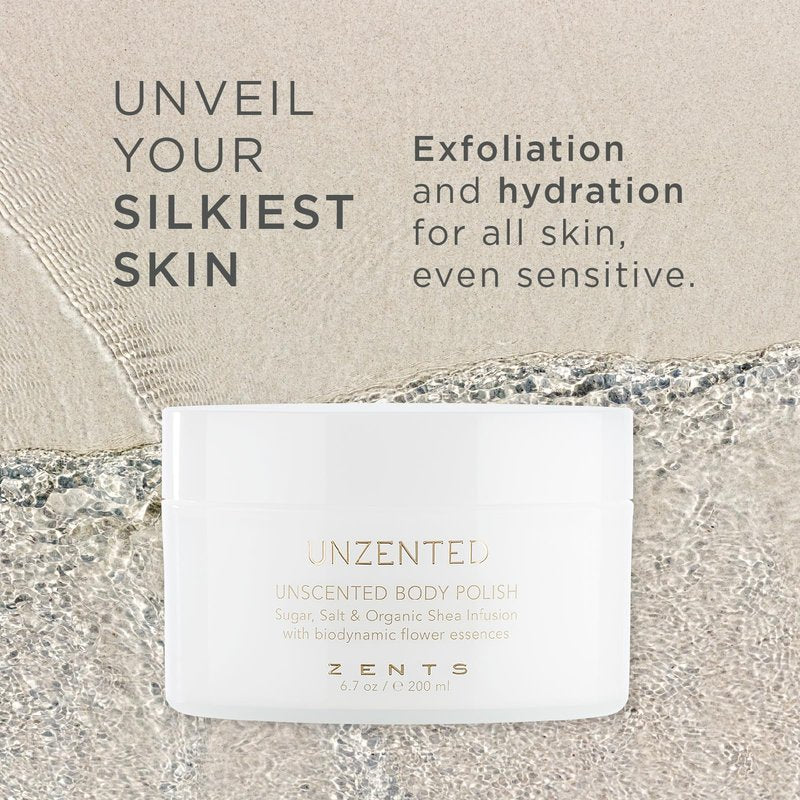 ZENTS Body Polish, Exfoliating Salt & Sugar Body Scrub with Organic Shea Butter, Unzented Fragrance Free for Sensitive Skin, 6.7 oz
