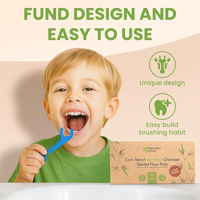 Dental Floss Picks for Kids 75 Pack – Unflavored, No Fluoride Oral Tooth Flossers – Biodegradable Flossing Sticks with Charcoal Infused Thread – Giraffe Toothpick for Toddler Teeth – Travel Case Size