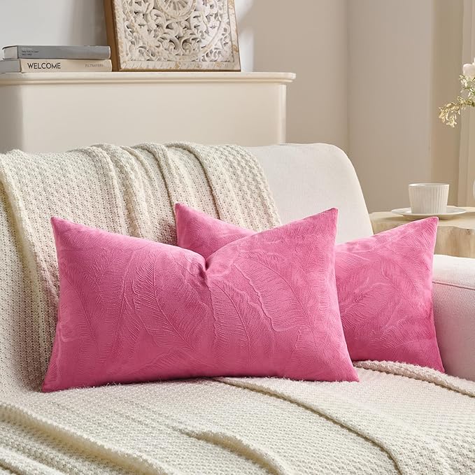 FUTEI Hot Pink Velvet Throw Pillow Covers 12x20 Inch Set of 2,Soft Embossed Leaf-Relief Textured Lumbar Pillow Cases,Natural Home Decor for Couch Living Room