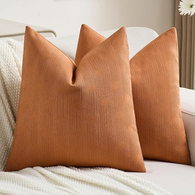 FUTEI Burnt Orange Chenille Decorative Throw Pillow Covers 16x16 Inch Set of 2,Soft Cozy Striped Geometric Patterns Cushion Case,Modern Home Decor for Couch Bed Living Room