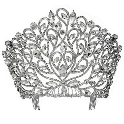 Janefashions Fancy Beauty Queen Crystal Rhinestone Tiara Crown With Hair Combs Wedding Bridal Beauty Contest Prom Pageant Silver Plated T994