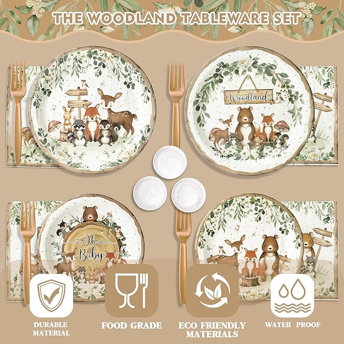 300Pcs Woodland Baby Shower Party Supplies - Serves 50 Guests, Safari Jungle Animal Party Decorations Include Plates and Napkins, Cups, Straws, Forks