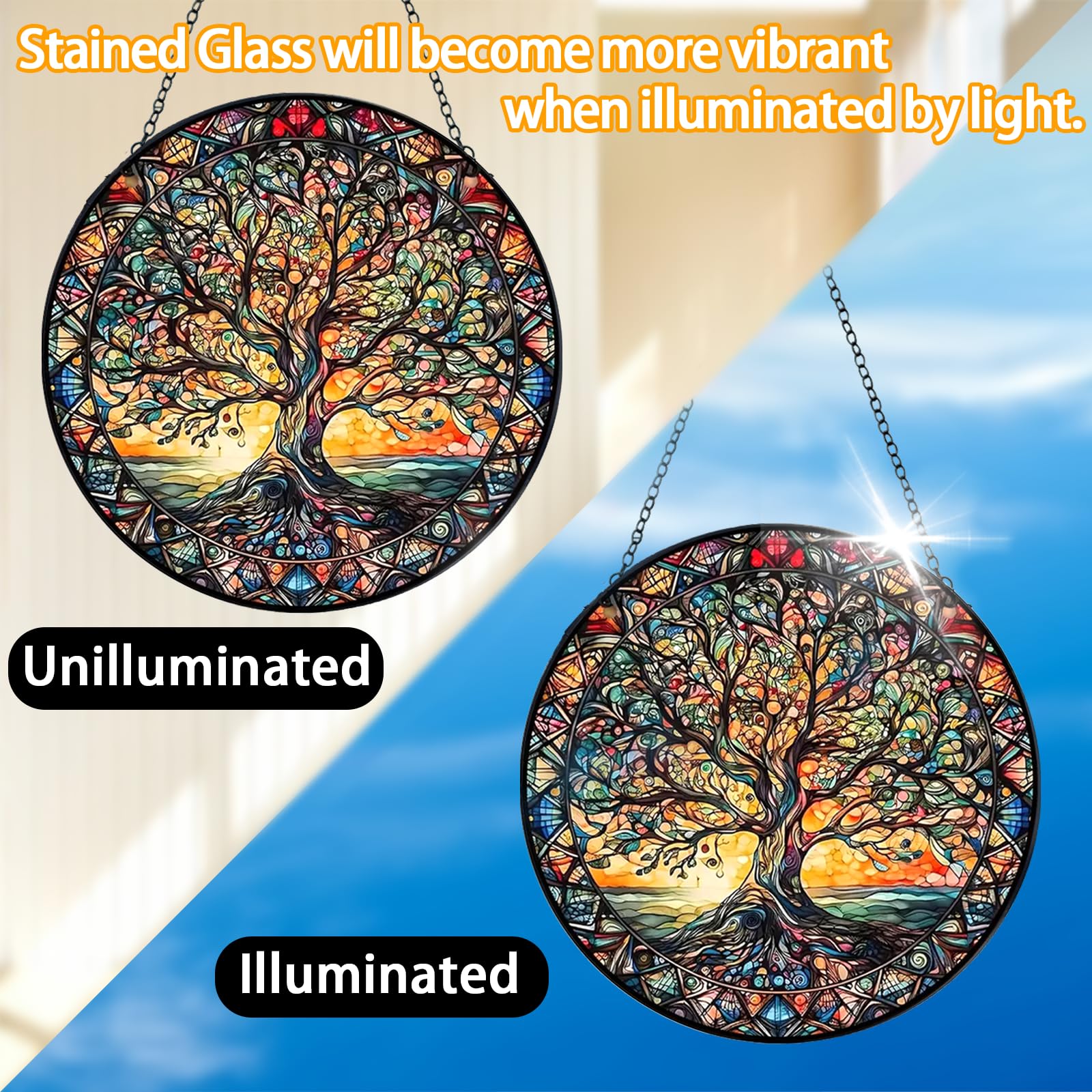 Tree of Life Suncatcher Indoor/Outdoor Stained Glass Window Hanging - Handmade Stained Glass Suncatchers for Windows Hanging - Decoration for Home Garden Christmas Party Wedding Housewarming Gifts