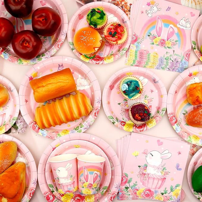 KEFAN Bunny Birthday Party Decorations, Rabbit Theme Party Tableware Supplies including Plates, Cups, Napkins, Tablecloth (40)
