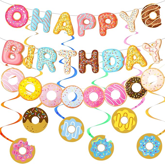 Donut Happy Birthday Banner Donut Garland Banner Donut Hanging Swirl Donut Theme Party Decoration for Baby Shower Birthday Party Supplies