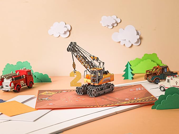 Liif Crane Truck Happy 2nd Birthday Card,3D Greeting Pop Up Card For Age 2,Two Years Old,For Kids, Boy, Nephew, Grandson, Toddler,With Message Note & Envelop,Size 7x5 Inch