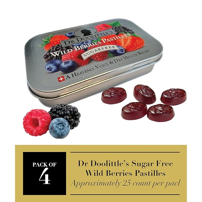DOOLITTLE Dr Sugar Free Soft Fruit Pastilles for Voice and Throat, Wild Berries Flavor, 2.12 Ounce Tin, Approximately 25 Count Package, 4 Pack