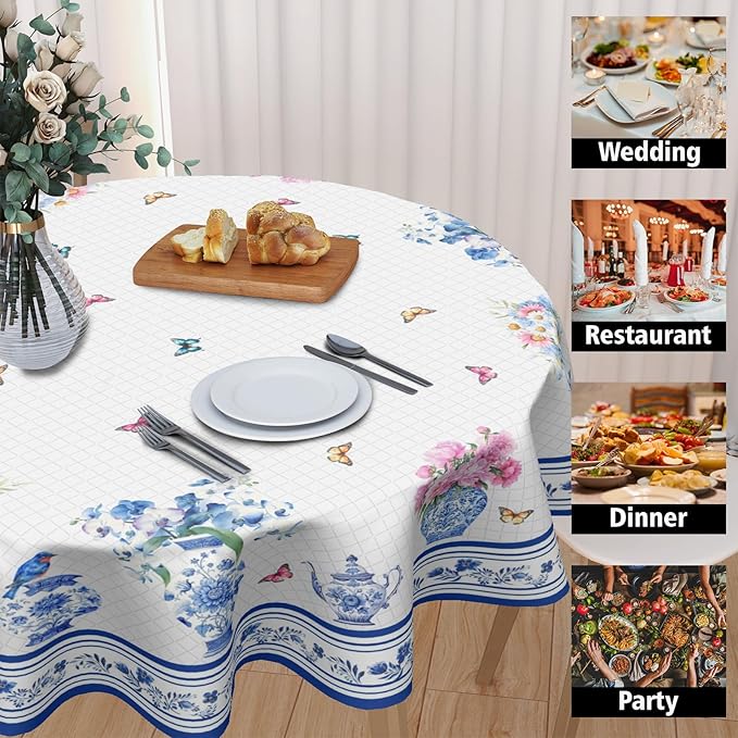 Spring Summer Round Tablecloth Blue Vase Floral Circle Table Cloth 60 Inch Chinoiserie Farmhouse Table Cover Washable Polyester Indoor Decorations for Home Kitchen Dinning Party