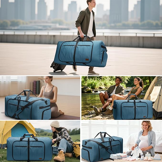 100L Travel Duffle Bag for Men, Urtala 32” Large Duffle Bag for Traveling with Shoe Compartment, Foldable Travel Duffel Bag for Men Women Waterproof & Tear Resistant (Light Blue, EXTRA LARGE, 100L)