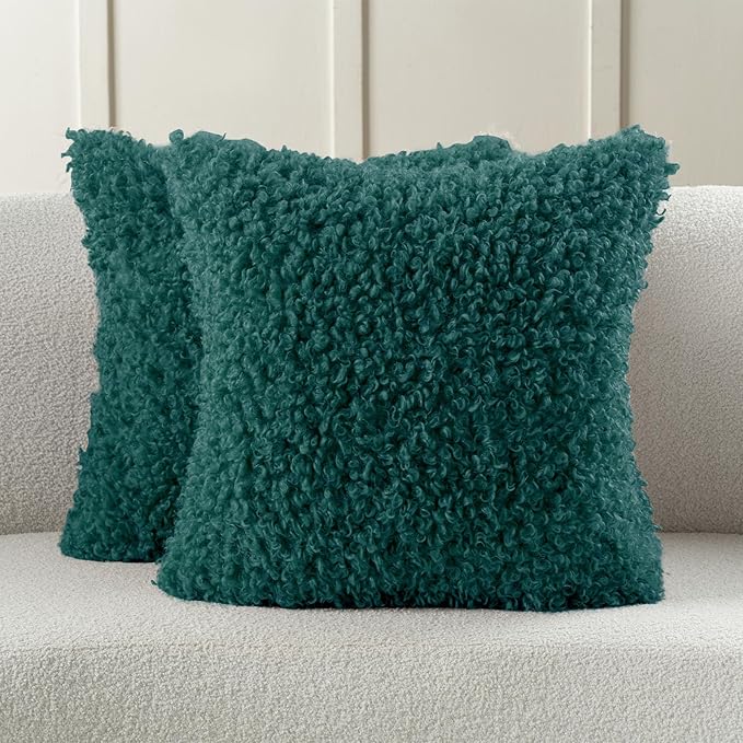 FUTEI Teal Decorative Throw Pillow Covers 18x18 Inch Set of 2,Soft Fluffy Faux Wool Fur Boucle Textured Cushion Case,Modern Home Decor for Couch Bed Living Room Office