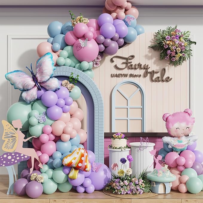 Fairy Wonderland Birthday Party Decorations,138Pcs Fairy Butterfly Mushroom Balloon Arch Garland Kit Dusty Pink Purple Blue Green Balloons for Girls Fairytale Spring Garden Tea Party Bride Baby Shower